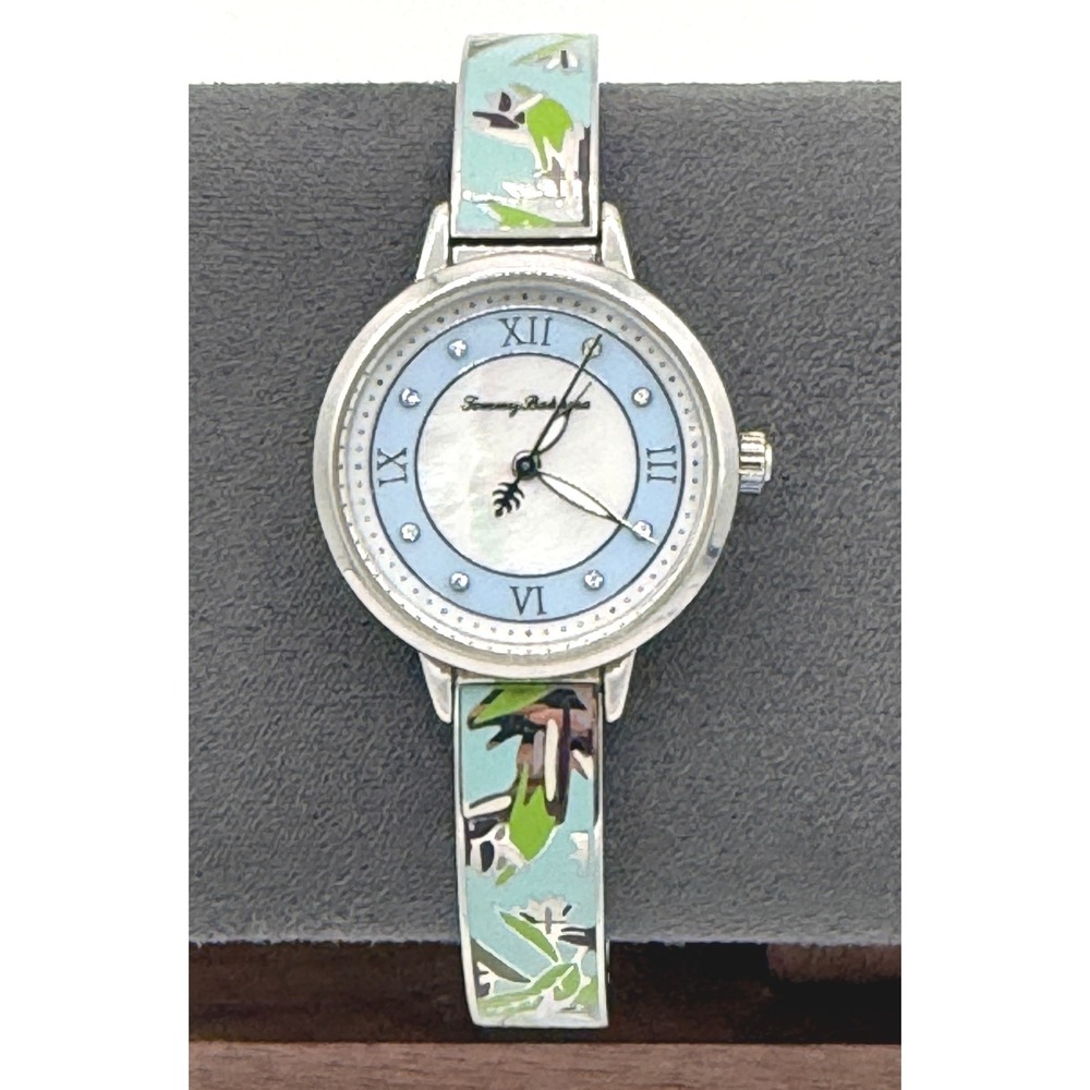 Tommy Bahama Tropical Enamel Bangle Watch Mother of Pearl Dial Silver Blue Green